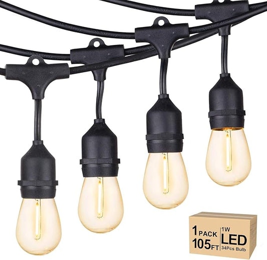Svater Outdoor String Lights Led 105FT, Commercial Grade Patio Light with 1W Dimmable S14 Shatterproof Bulbs, ETL Listed Heavy-Duty Outside Waterproof Cafe Bistro Market Lighting Warm White