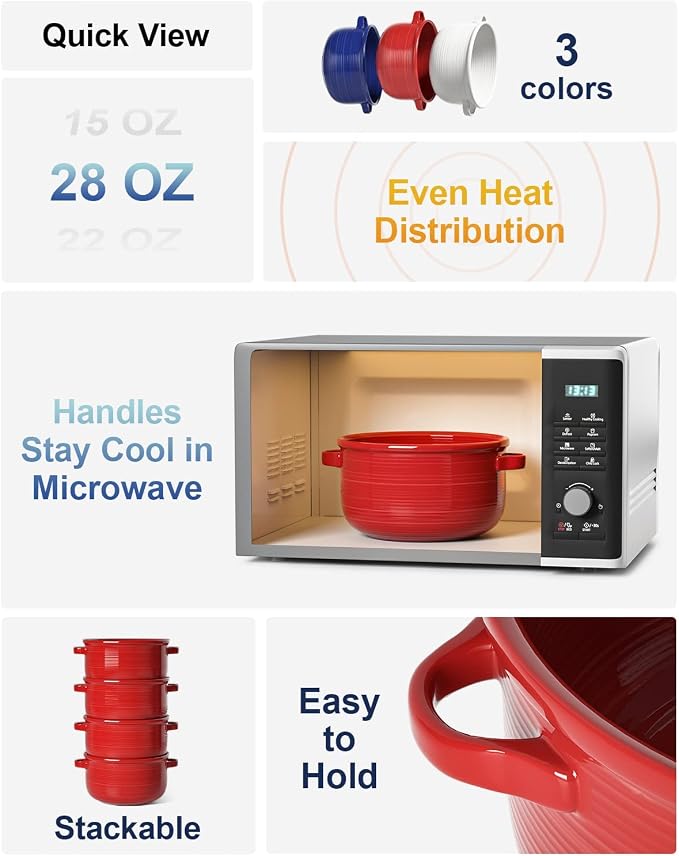 LE TAUCI Soup Bowls with Handles - 28 oz Lead-Free Ceramic French Onion Crocks, Oven and Microwave Safe, Heat-Resistant Design, Stackable, Dishwasher Safe, Set of 4, Red