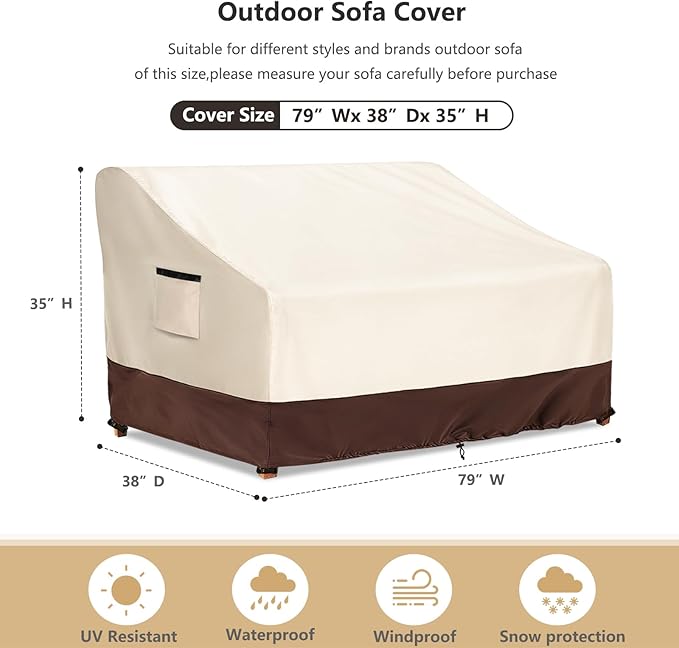 3-Seater Patio Sofa Cover, 600D Heavy Duty Waterproof Outdoor Sofa Covers, 79 W x 38 D x 35 H Inches Outdoor Couch Cover, Patio Furniture Covers, Lvory&Brown