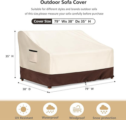 3-Seater Patio Sofa Cover, 600D Heavy Duty Waterproof Outdoor Sofa Covers, 79 W x 38 D x 35 H Inches Outdoor Couch Cover, Patio Furniture Covers, Lvory&Brown