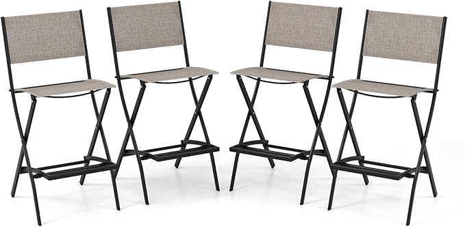 COSTWAY Outdoor Patio Bar Chair Set of 4, Folding Bar Height Stool with Metal Frame & Footrest, Patio Bar Stool for Balcony, Garden & Poolside (4, Coffee)