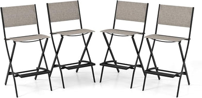 COSTWAY Outdoor Patio Bar Chair Set of 4, Folding Bar Height Stool with Metal Frame & Footrest, Patio Bar Stool for Balcony, Garden & Poolside (4, Coffee)