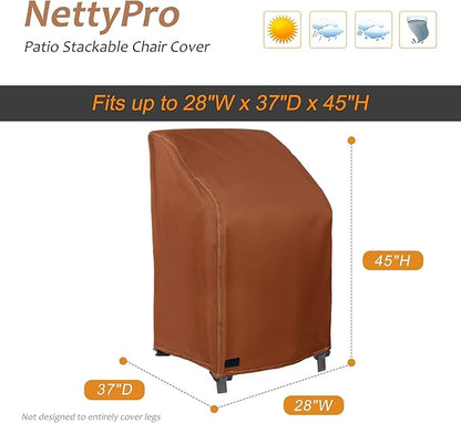 NettyPro Stackable Chair Covers Waterproof Outdoor Stack Chairs Cover Patio Furniture Stacking Chair Covers, Fits for 4-6 Stackable Dining High Back Chairs, 26 W x 35 D x 45 H inch, Brown