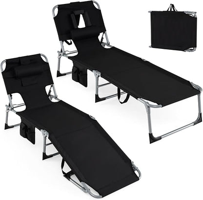 Goplus Tanning Chair, Folding Adjustable Patio Lounge Chair with Face Hole, Removable Pillow, 330LBS, Carry Strap, Outdoor Sunbathing Chair, Lightweight Portable Beach Lounge Chair, No Assembly