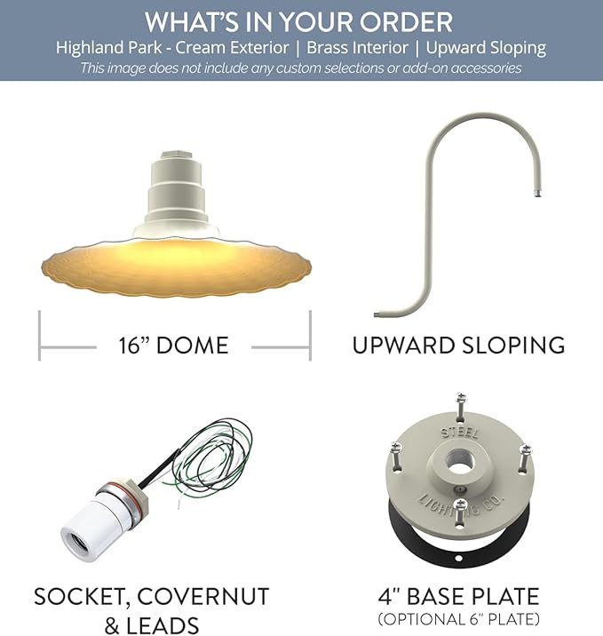 Steel Lighting Co. Highland Park Barn Light | Outdoor Wall Mounted | 16 inch Radial Wave | Upward Sloping Gooseneck | Vintage Style Made in America | Cream Exterior/Brass Interior