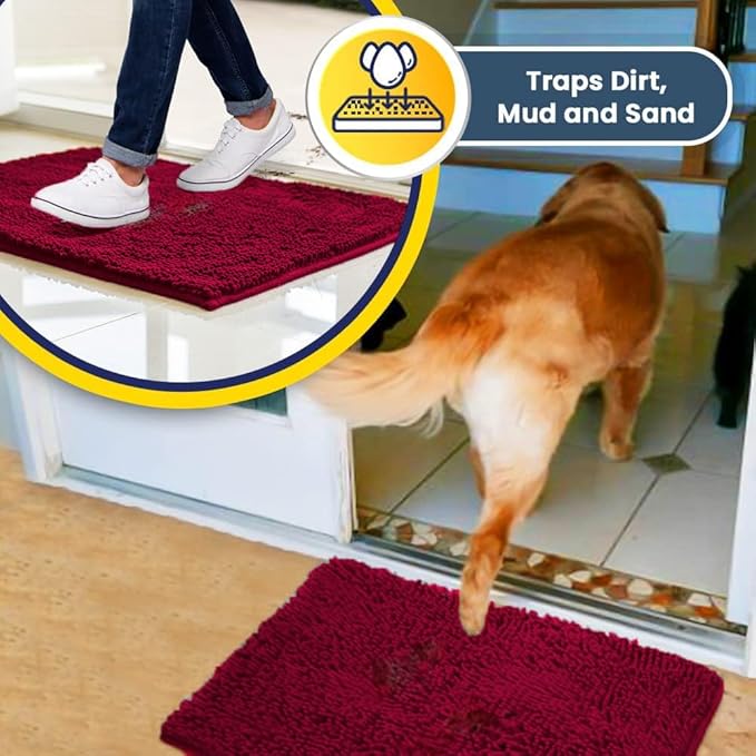 Muddy Mat® | Super Water Absorbent Door Mat Indoor, Microfiber Quick Dry Chenille Entryway Rug, Slip Resistant Front Door Mat, Indoor Mats for Entryway, Machine Washable Pet Rug, Maroon 3ft x 8ft