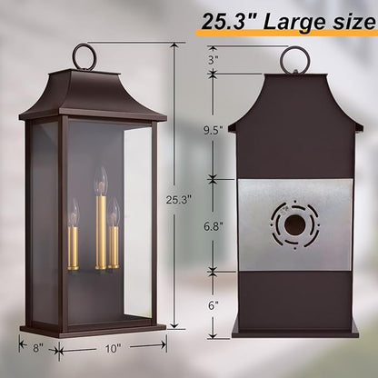 Dusk to Dawn Outdoor Wall Light 3-Light, 25.3" Large Outdoor Light Fixture, Oil Rubbed Bronze Exterior Wall Lantern, Waterproof Outside Wall Sconce for House Porch Patio