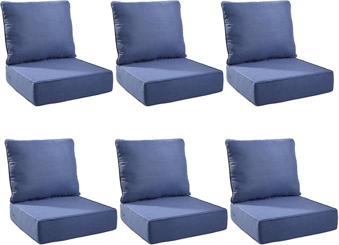 Outdoor Cushion Set for Furniture Patio Furniture, UV Resistant, Water Resistant - 6 Inch Thick Foam Garden Cushions– 22x24 Inch Patio Seat Covers for Chair/Sofa/Couch | Blue | 6-Pack |