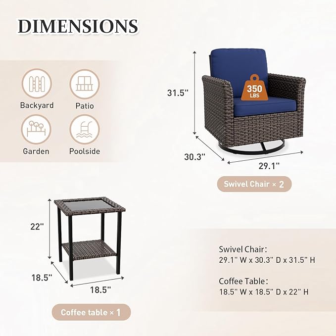 Canyon Ridge 3 Piece Outdoor Patio Bistro Set with Swivel Rocking Chairs and Side Table, Outdoor Furniture Set, Brown/Blue