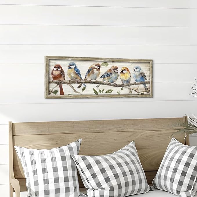 Colorful Bird Framed Wall Art: Cute Chickadee Wooden Painting Vintage Sparrow Picture Bluebird on Branch Prints Countryside Artwork Rustic Decor for Living Room Bedroom Farmhouse