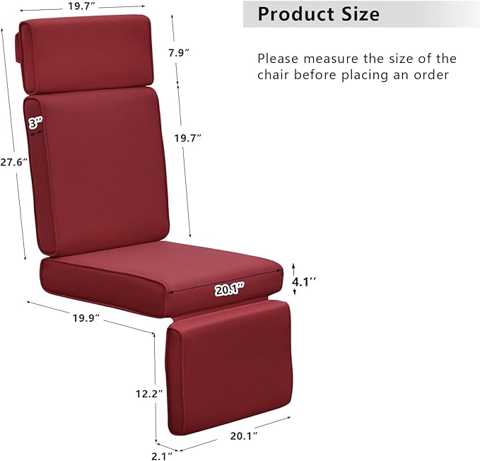 ATR ART TO REAL Outdoor Recliner Replacement Cushion, High Back Chair Cushions Patio Wicker Reclinning Chairs Seat Pad, Removable Cover, Waterproof, UV Resistant (Style A, Red)