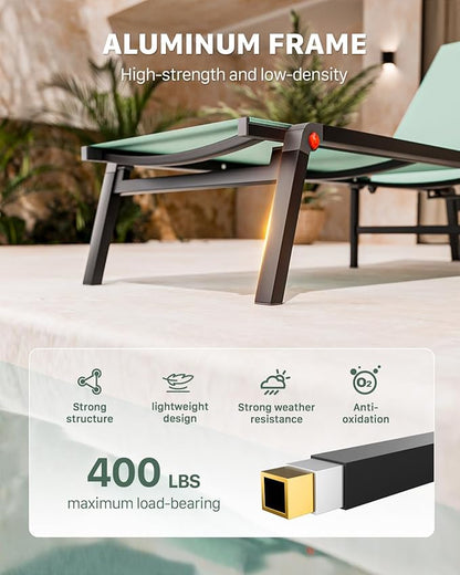Aluminum Chaise Foldable Patio Lounge Chair Outdoor, Metal Deck Lounger Adjustable 5-Position Recliner Pool Chase Breathable Full Flat Outside Sun Tanning Chairs for Beach/Poolside/Lawn(Green, 2 Pack)