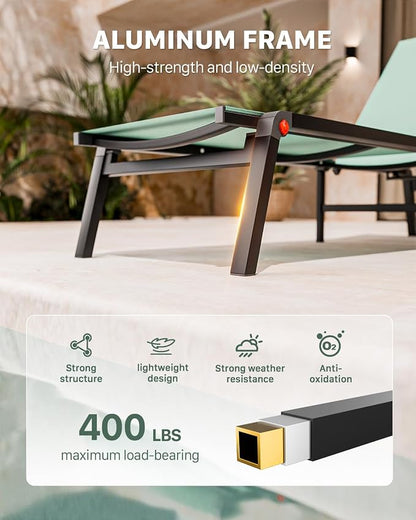 Patio Lounge Chair, Aluminum Foldable 5-Position,1 Pack,Green | Lightweight rustproof aluminum. Breathable quick-dry fabric. Full flat recline for sunbathing. Poolside, deck, beach, lawn.