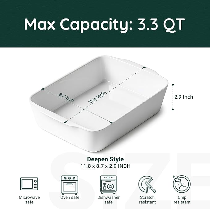 HOMBENE 3.3 QT Ceramic Baking Dish, White Casserole Dish,Lasagna Pan for Oven, Bakeware for Baking, Kitchen Decor, Microwave Oven Safe, Dinner Party (8.7" x 11.8")