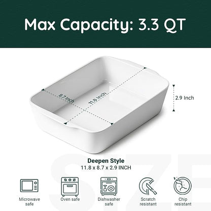 HOMBENE 3.3 QT Ceramic Baking Dish, White Casserole Dish,Lasagna Pan for Oven, Bakeware for Baking, Kitchen Decor, Microwave Oven Safe, Dinner Party (8.7" x 11.8")