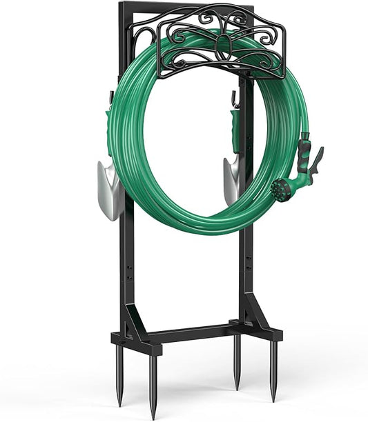 Sunvigor Freestanding Garden Hose Holder Stand, Heavy Duty Hose Reel Alternative with 2 Tool Hooks, Holds 150FT Water Hose, 4-Spike Stable Base, No-Drill Hose Storage for Outside Yard Lawn Garden