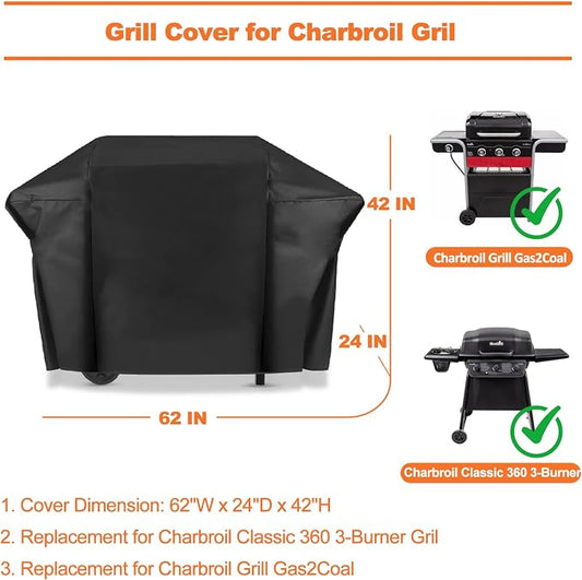 Grill Cover Designed for Charbroil Classic 360 3-Burner & Charbroil Grill Gas2Coal, 600D Heavy Duty Waterproof Cover for Outdoor Grill