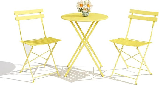 3-Piece Folding Bistro Set, Outdoor Patio Furniture Set with 2 Chairs & 1 Table, Space-Saving Foldable Balcony Garden Set with Heavy-Duty Powder-Coated Steel Frame, No Assembly Required, Yellow