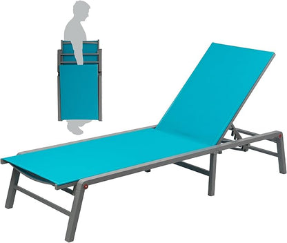 Kozyard Lounge Chair Outdoor Foldable Lounge Chair with 5 Adjustable Backrest Patio Lounger, Assemble-Free, Recliner and Full Flat Chairs for Patio Beach Pool (Aqua Textilence W/O Table)
