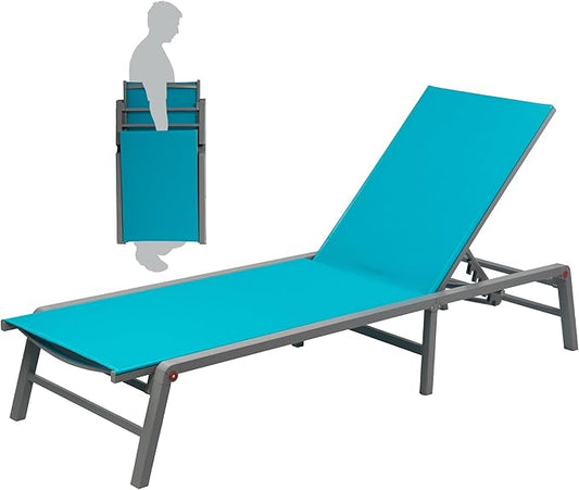 Kozyard Lounge Chair Outdoor Foldable Lounge Chair with 5 Adjustable Backrest Patio Lounger, Assemble-Free, Recliner and Full Flat Chairs for Patio Beach Pool (Aqua Textilence W/O Table)