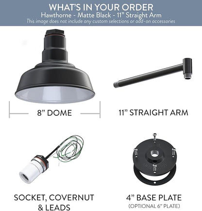 Steel Lighting Co. Hawthorne Barn Light | Outdoor Wall Mounted | 8 inch Dome | 11 inch Straight Arm| Small Farmhouse Light Made in America | Matte Black Exterior/Matte Black Interior