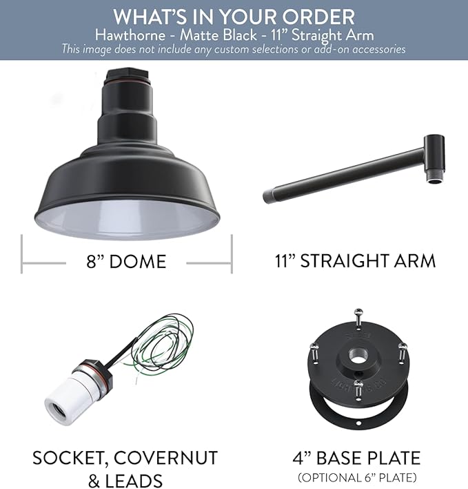 Steel Lighting Co. | Dusk to Dawn | Hawthorne Barn Light | Outdoor Wall Mounted | 8 in Dome | 11 inch Straight Arm| Small Farmhouse Light Made in America | Matte Black Exterior/White Interior