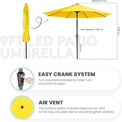 JEAREY 9FT Outdoor Patio Umbrella with Solar Lights, LED Lighted Pool Umbrella with Tilt and Crank, Outdoor Table Umbrellas for Deck, Yard & Market (Lemon)