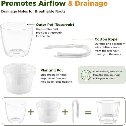 Clear Self Watering Pots for Indoor Plants, 6-Pack 6.7'' Clear Plant Pots with Drainage, Self Watering Planter, African Violet Pot, Semi Hydroponic Pot for Orchids, Flowers, Herbs