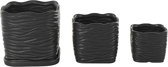 Deco 79 Ceramic Indoor Outdoor Planter Wavy Ribbed Large Planter Pot with Attached Saucer, Set of 3 Planters 7",6",5" H, Black