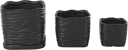 Deco 79 Ceramic Indoor Outdoor Planter Wavy Ribbed Large Planter Pot with Attached Saucer, Set of 3 Planters 7",6",5" H, Black