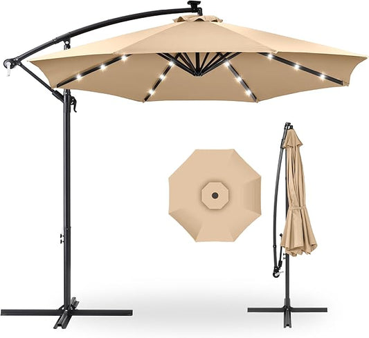 Best Choice Products 10ft Solar LED Offset Hanging Market Patio Umbrella for Backyard, Poolside, Lawn and Garden w/Easy Tilt Adjustment, Polyester Shade, 8 Ribs - Sand
