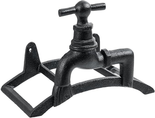 MyGift Brown Heavy Duty Cast Iron Outdoor Garden Hose Hanger Wall Mounted Water Hose Holder Reel with Vintage Scrollwork Design (Spigot Design)