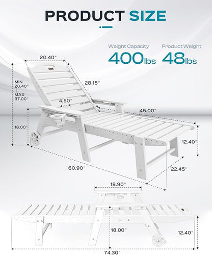 Outdoor Lounge Chair Set of 4, All Weather Patio Chaise Lounge Chairs for Outside, HDPE Chair with Rolling Wheels & Cup Holder, 5 Position, Deck, Pool, White