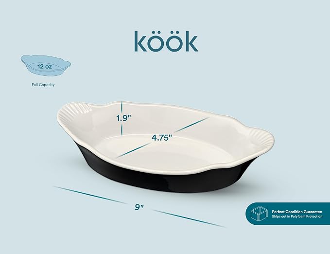 Au Gratin Baking Dishes, by Kook, Mini Casserole Dish, Set of 6, for Banana Split, Oven and Microwave Safe, Dishwasher Safe, Ceramic Serving Dishes, Lasagna & Cobblers, Individual Serving, 12 oz (Black)