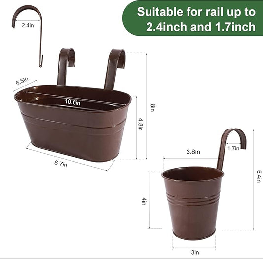 HowRU Metal Iron Flower Pots for Railing Fence Hanging Bucket Pots(5 Pcs) and Hanging Flower Pots Metal Iron Bucket Planter(10 Pcs) (Bronze)