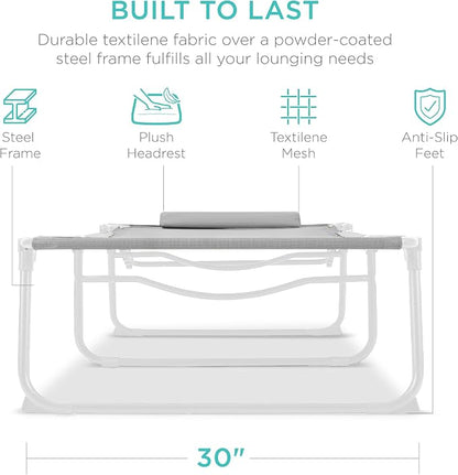 Best Choice Products Extra Wide Patio Chaise Lounge Chair, Portable Outdoor Folding Recliner for Lawn, w/ 8 Positions, Handles, 440lb Capacity - Ice Gray/White