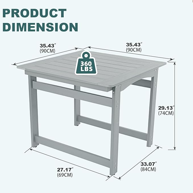 35" Outdoor Dining Table with Umbrella Hole, HIPS All-Weather Square Patio Table for Outdoor/Indoor Use, Grey