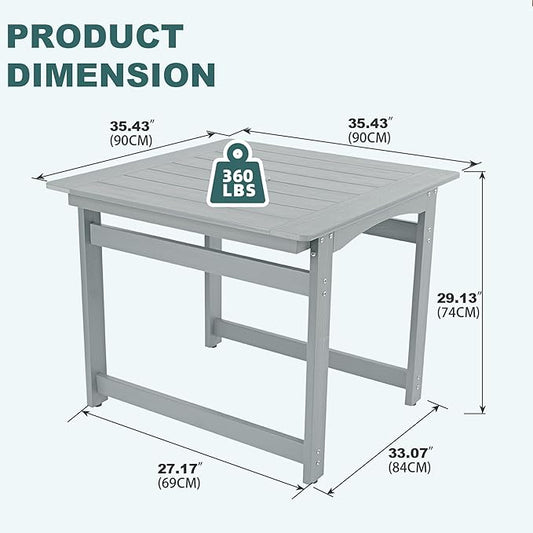 35" Outdoor Dining Table with Umbrella Hole, HIPS All-Weather Square Patio Table for Outdoor/Indoor Use, Grey