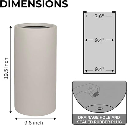 19.5"H x 9.8"D Tubo Fiberstone Cylinder Tall Planter with Drainage Hole, Smooth Finishes, Weather Resistant for Indoor and Outdoor Use, Included 2 Extra Coco Mats (Taupe, 8.2" Pot Opening)