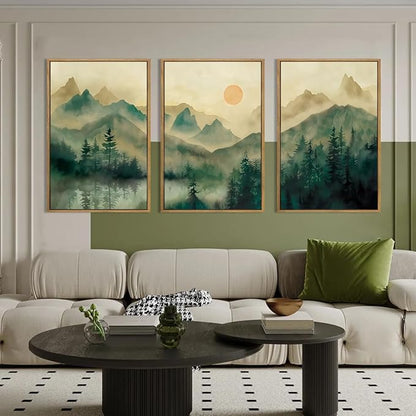 IARTTOP Extra Large Green Forest Wall Art 24x36 Inch Framed Foggy Mountain Canvas Art Prints Nature Landscape Wall Decor for Living Room Bedroom Office Set of 3