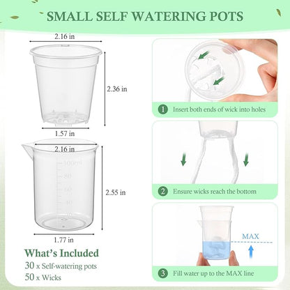 30 Pcak 2.2'' Small Self Watering Planters for Indoor Plants Mini Clear Pots with Water Level Indicator Plastic Automatic-Watering Pot with Drainage Holes for Semi-hydroponic African Violet