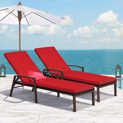 COSTWAY 2PCS Rattan Lounge Chair Outdoor, Patio Wicker Chaise Lounge with 5-Position Adjustable Backrest, Soft Cushion & Arm Rest, Pool Recliner Set of 2 for Poolside, Deck, Backyard (Red)