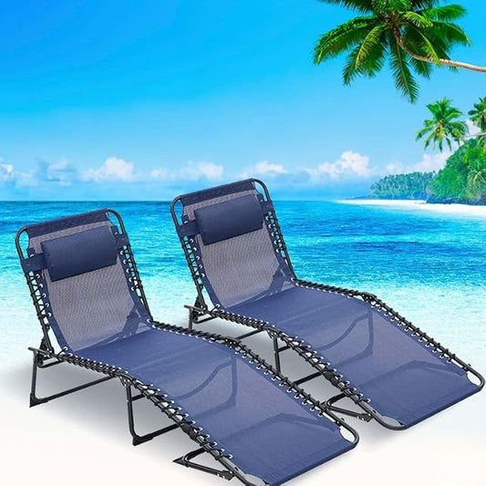 Tanning Chairs for Outside, Chaise Outdoor Lounge Chair, Folding Pool Chairs & Patio Lounger for Beach Camping Hiking Backyard Sunbathing Poolside, Portable (Blue Set of 2)