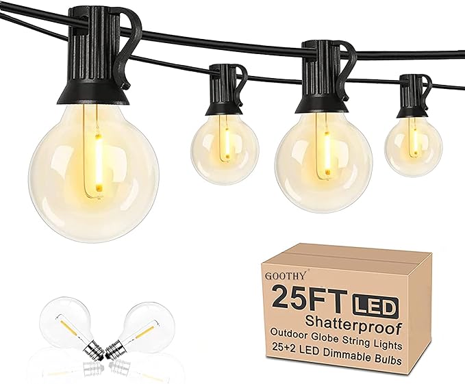 25Ft LED Outdoor String Lights Waterproof, Commercial Grade Patio String Lights with 27 G40 Warm White Bulbs, Hanging Outdoor Light for Backyard Wedding Garden Party Christmas Decorations-Black