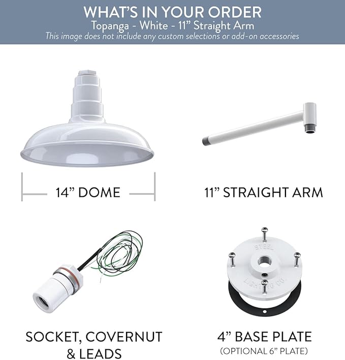 Steel Lighting Co. Topanga Barn Light | Outdoor Wall Mounted | Farmhouse Garage Light Made in America | 14 inch Dome | 11 inch Straight Arm | White Exterior/White Interior