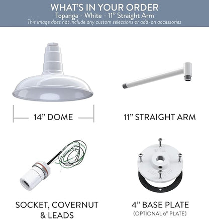 Steel Lighting Co. Topanga Barn Light | Outdoor Wall Mounted | Farmhouse Garage Light Made in America | 14 inch Dome | 11 inch Straight Arm | White Exterior/White Interior