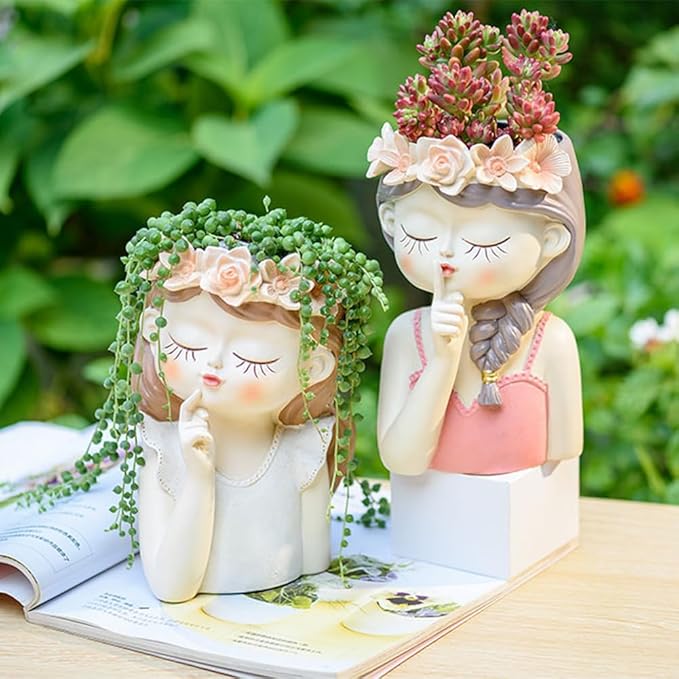 Fairy Girl Succulent pots, Uniqueface planters for Indoor and Outdoor Plants, Resin Head Flower Pots for Garden Planting Lover (Medium-Fantasy)