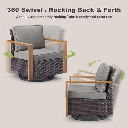 Rilyson Outdoor Wicker Patio Furniture Set - 5 Piece Patio Conversation Set with 2 Wicker Swivel Rocker Chairs,2 Ottoman, 1 Side Table, Thick Cushions, Deep Seating, Wide Armrest(Brown/Grey)
