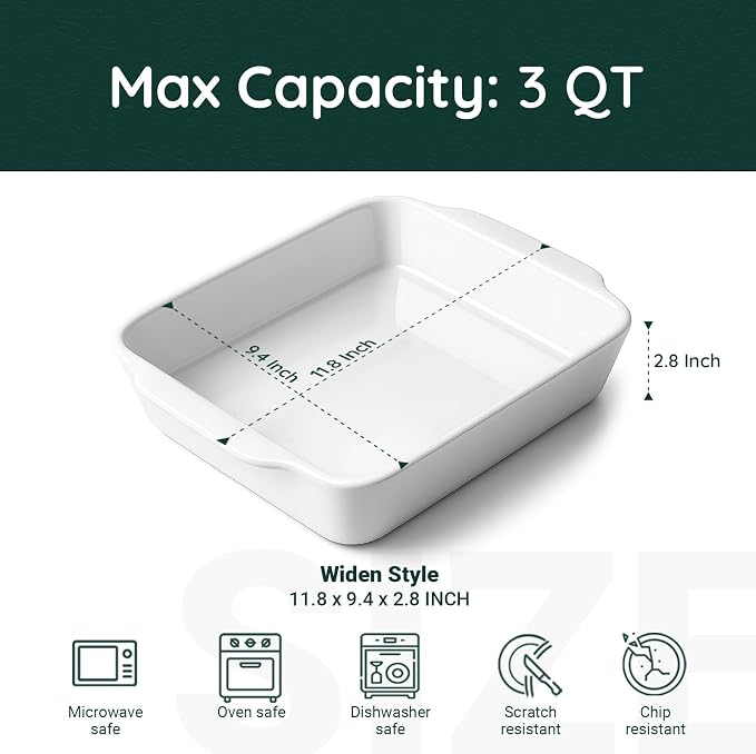 HOMBENE 3 QT Wide Ceramic Baking Dish, White Casserole Dish with, Lasagna Pan for Oven, Ceramic Baking Pan, Kitchen Decor, Microwave Oven Safe, Dinner, Wedding (9.4" x 11.8")