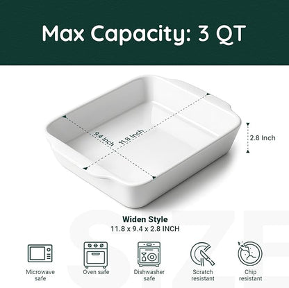 HOMBENE 3 QT Wide Ceramic Baking Dish, White Casserole Dish with, Lasagna Pan for Oven, Ceramic Baking Pan, Kitchen Decor, Microwave Oven Safe, Dinner, Wedding (9.4" x 11.8")